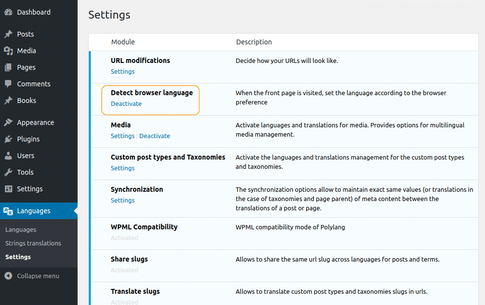 The detect browser language option in the Polylang settings.
