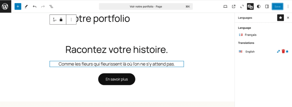 add the translation thanks to Polylang directly via the site editor