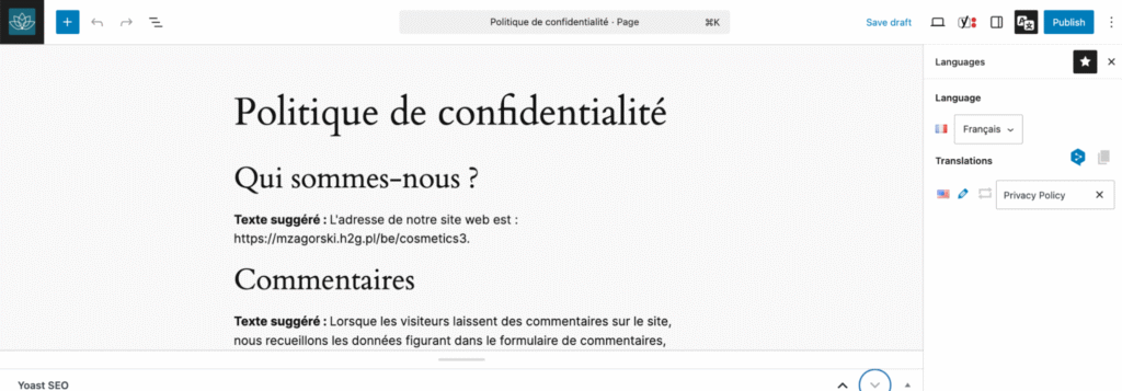Page translated to French automatically with Deepl and Polylang