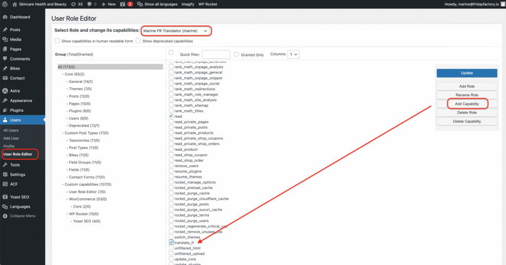 Capabilities for a french translator with polylang pro and the user role editor plugin 