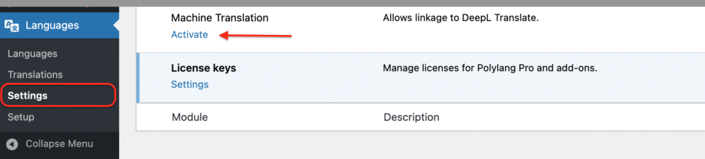 Activate the machine translation button with polylang pro settings panel