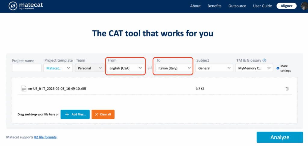 Languages setup in Matecat