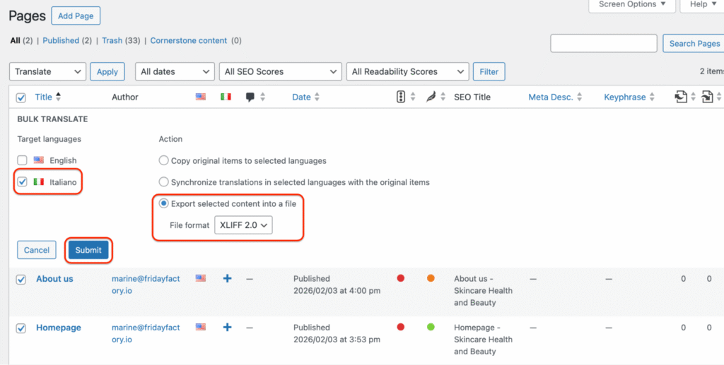 XLIFF file configuration before export 