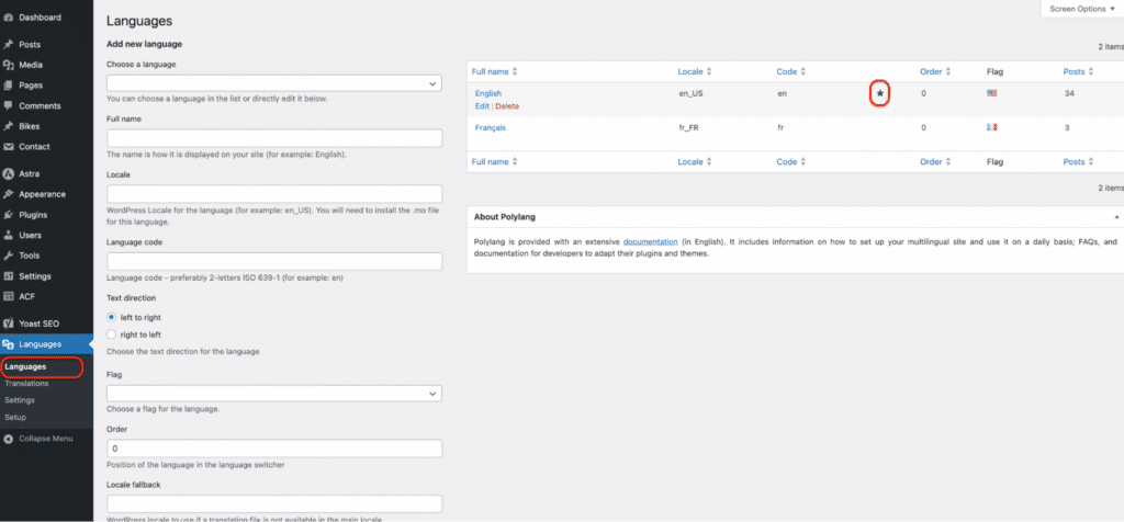 
Default language with the star