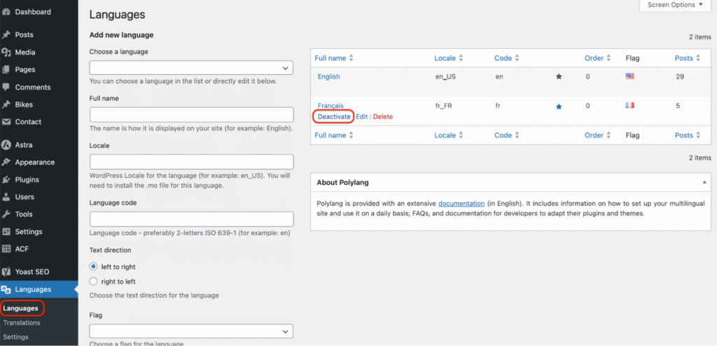 Deactivating a language with Polylang Pro 